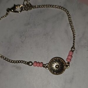 Gold Tone Bracelet W/Pink Beads